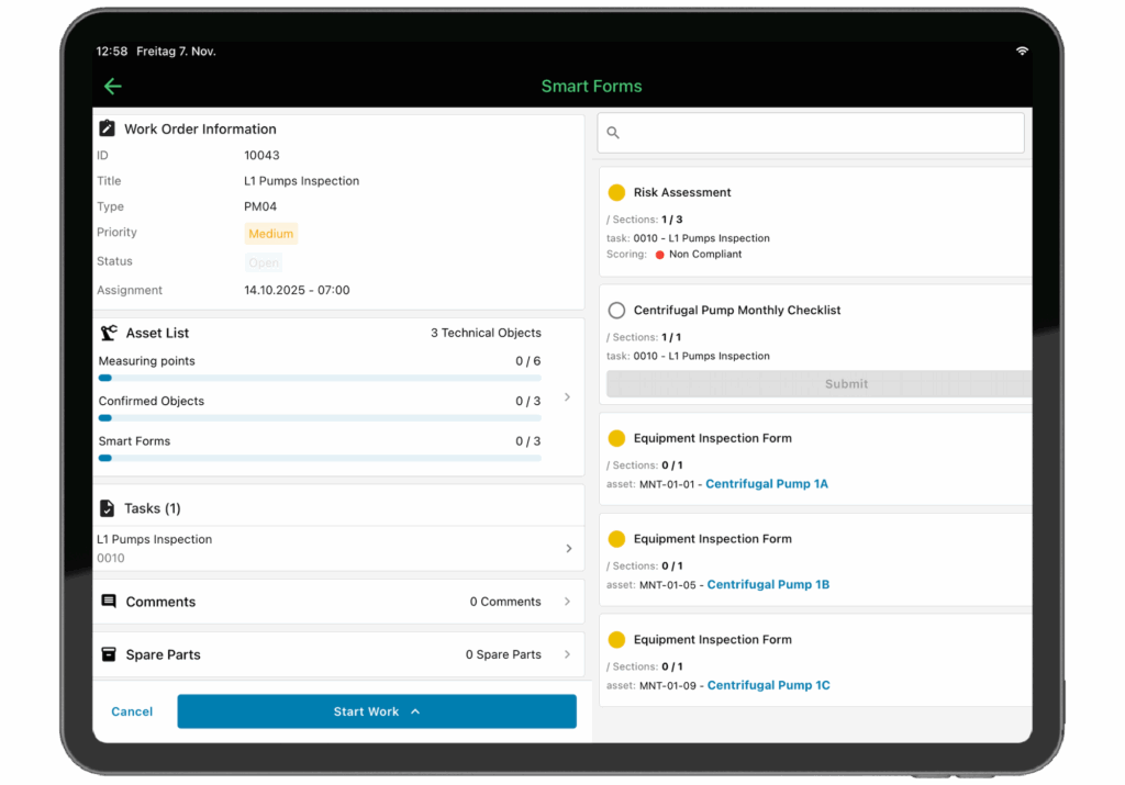 Mobile App-Ansicht mit ausgefüllter Checkliste für autonome Inspektion