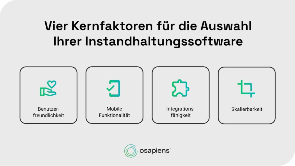 Vier Kernfaktoren für die Auswahl der Instandhaltungssoftware: Benutzerfreundlichkeit, mobile Funktionalität, Integrationsfähigkeit, Skalierbarkeit