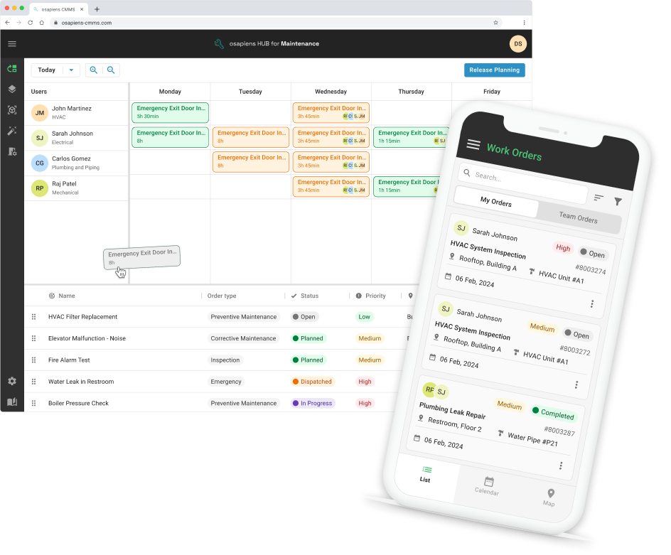 Arbeitsaufträge und Wochenplanung im osapiens HUB for Maintenance, Desktop und mobile App