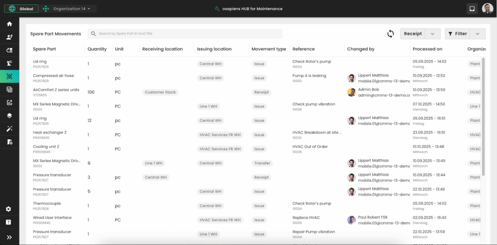 Ersatzteilmanagement Software: Dokumentation der Lagerbewegungen im osapiens HUB for Maintenance