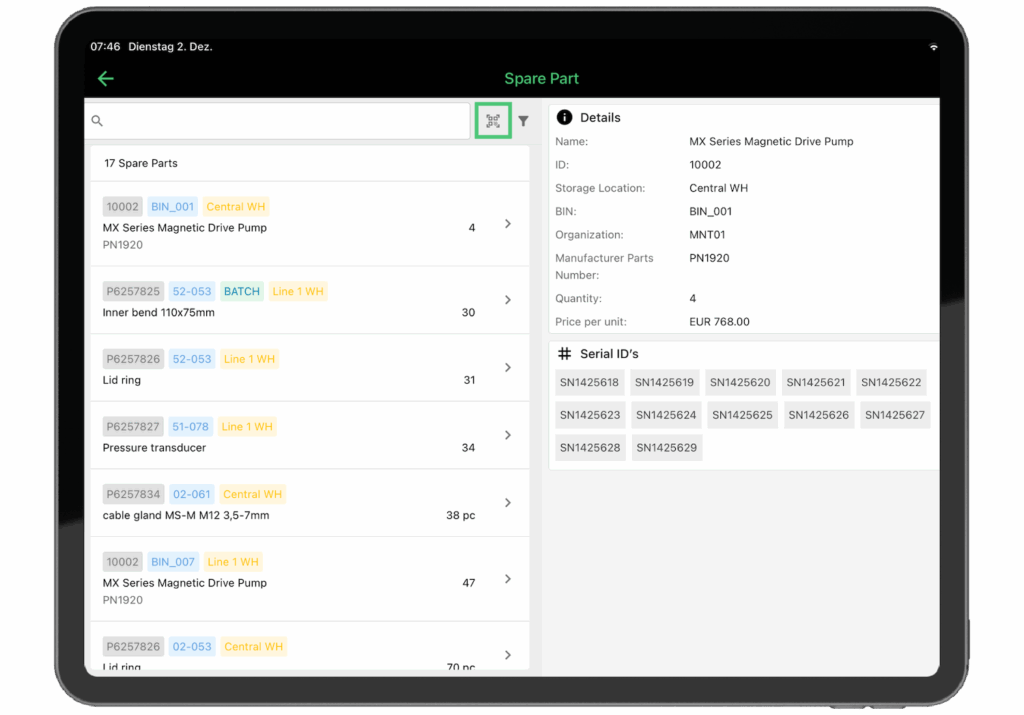 Ersatzteilmanagement Software: QR-Code Funktion im osapiens HUB for Maintenance