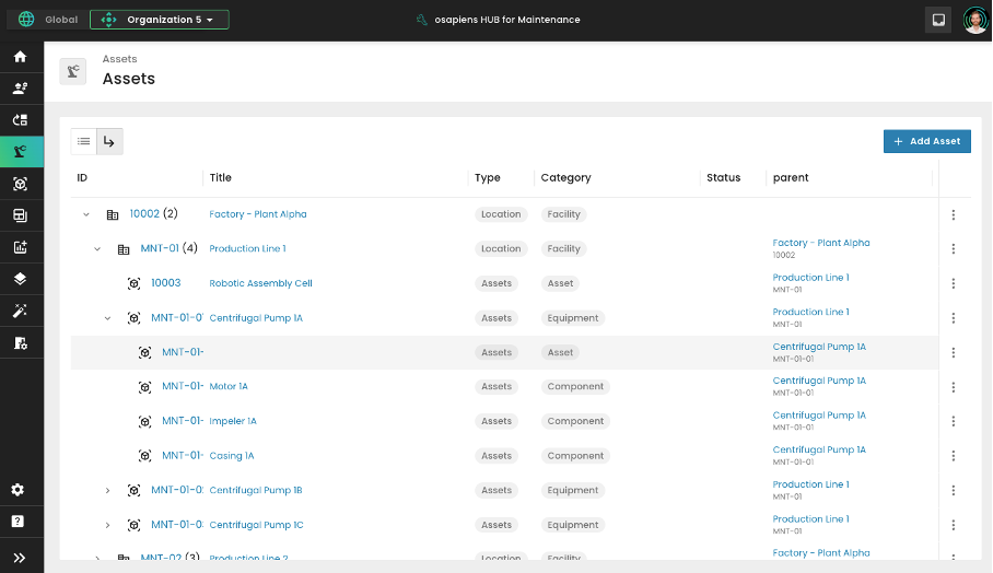 Maintenance audit forms: assets overview on the osapiens HUB for Maintenance