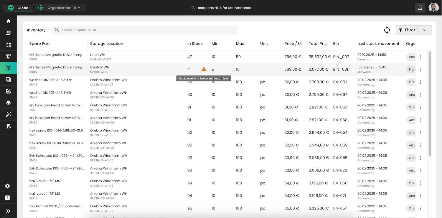 Spart Parts and Inventory Management with osapiens HUB for Maintenance