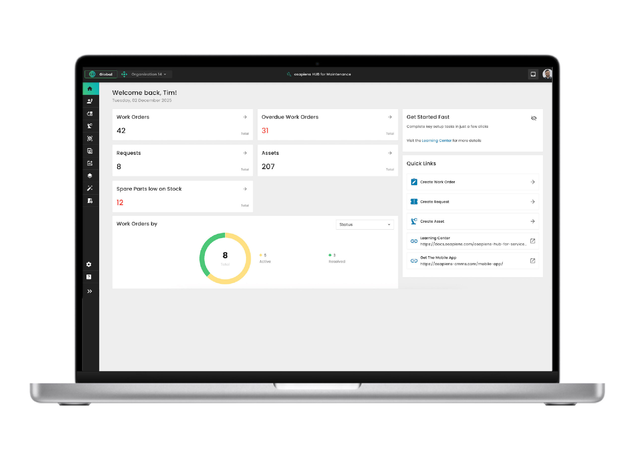 osapiens HUB for Maintenance dashboard showing work orders, assets, and spare parts overview