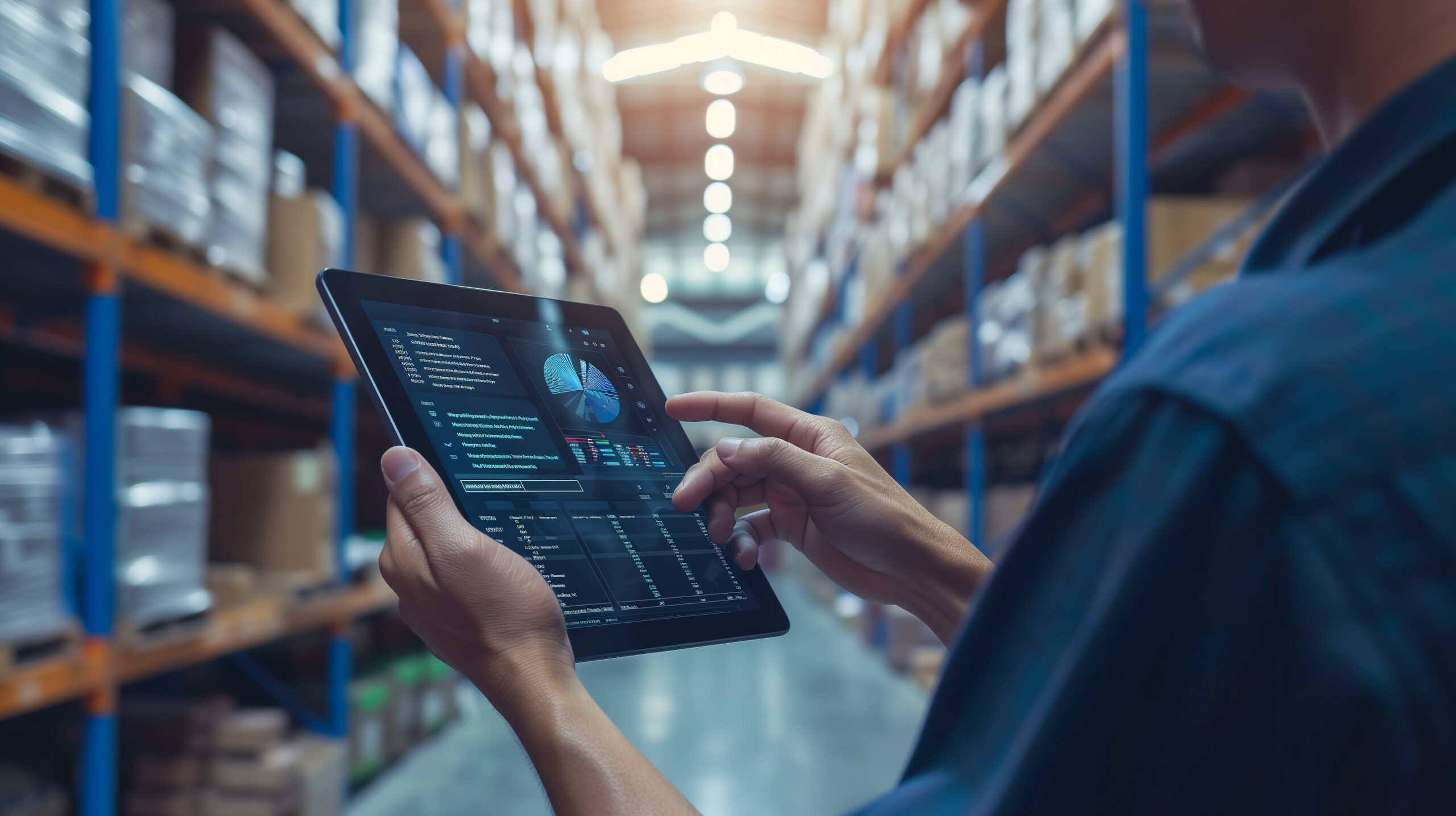 person checking tablet with data in a warehouse